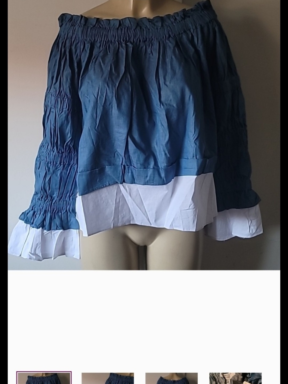Blue Off-Shoulder Long Sleeve Top with White Ruffle Hem